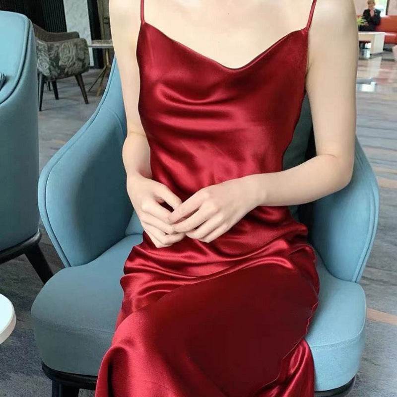 Sleek Acetate Satin Swing Neck Slip Dress - Mubimart
