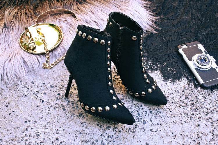 Studded high heel booties pointed - Mubimart