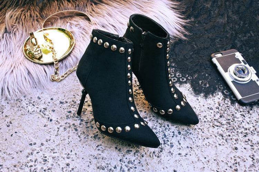 Studded high heel booties pointed - Mubimart