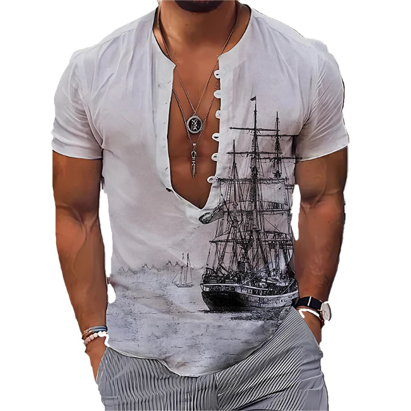 Men's Fashion 3D Vintage Print Sailboat Stand Collar Long Sleeve Button-down Shirt