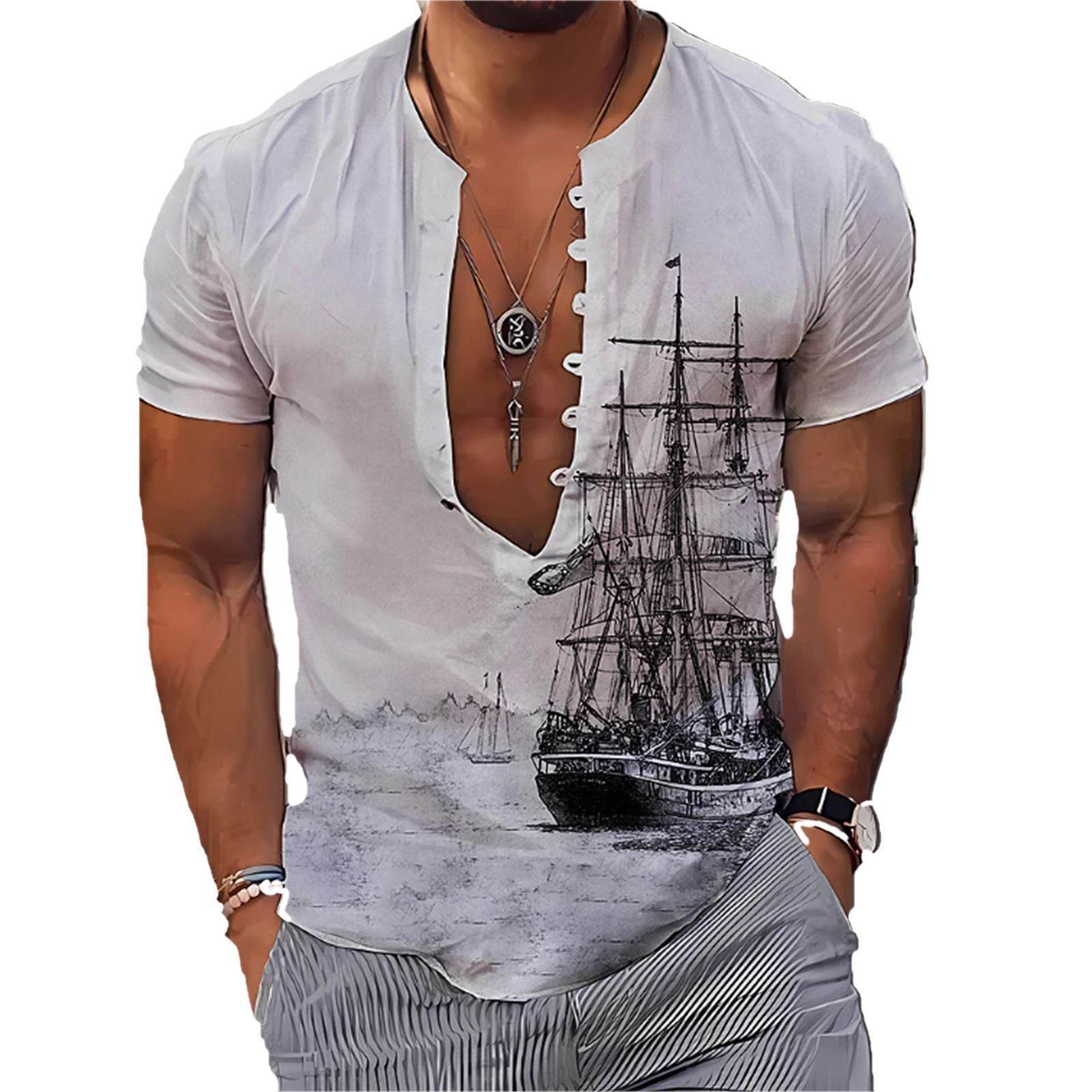 Men's Fashion 3D Vintage Print Sailboat Stand Collar Long Sleeve Button-down Shirt - Mubimart