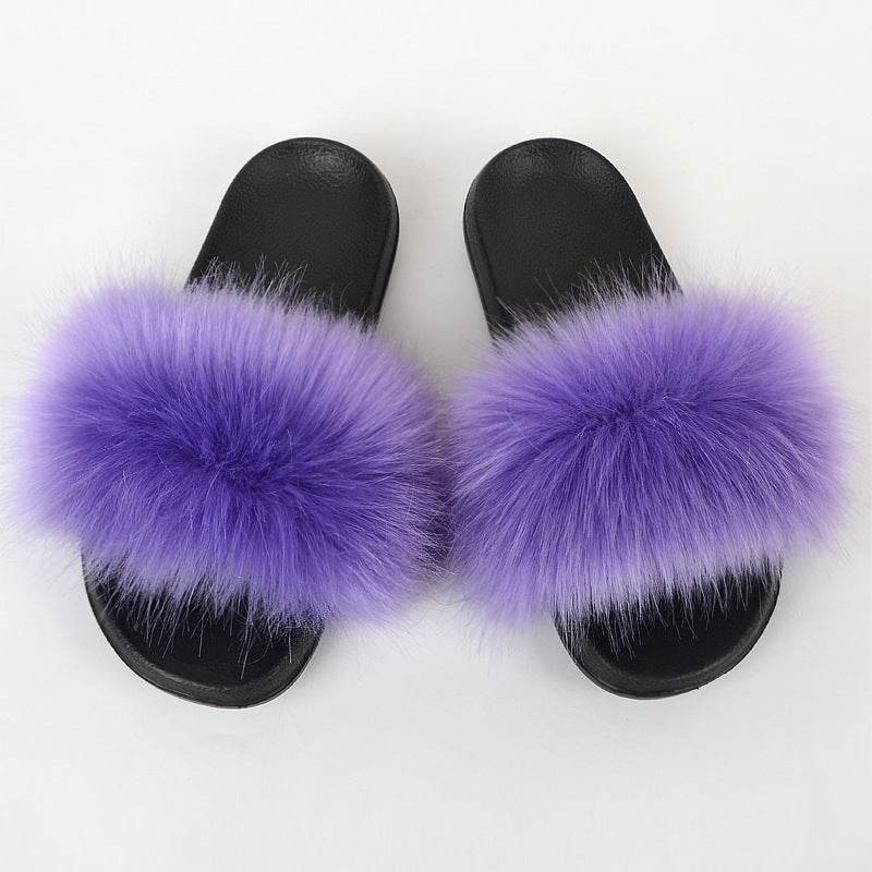 Faux Fox Fur Slippers Women Non Slip Plush Slippers - Mubimart