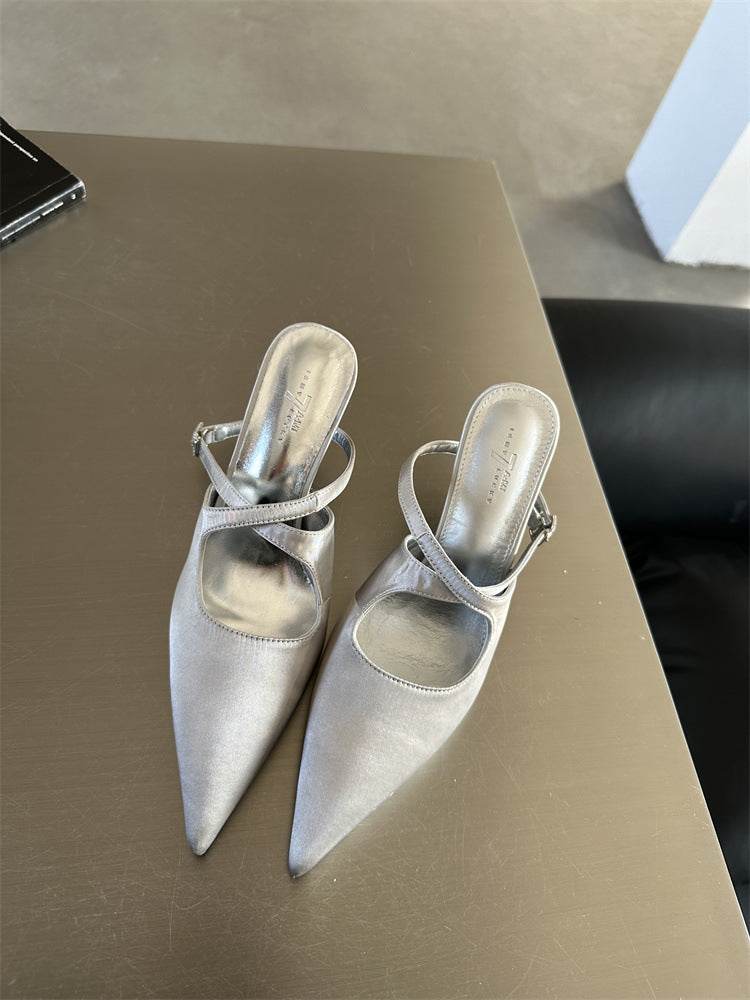 Elegant Pointed Toe Spring And Summer Light Satin Sandals Cross Strap Kitten Women's High Heels - Mubimart