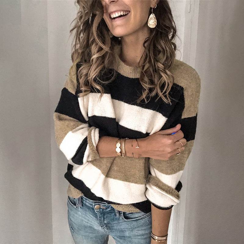 Plus size women's contrast striped sweater - Mubimart