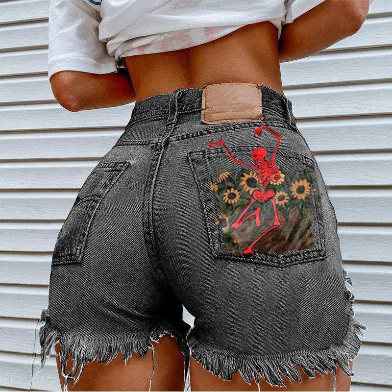 Women Printed Spring Summer Denim Shorts - Mubimart