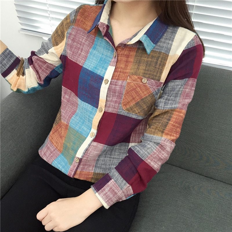 asual Plaid Women Blouses Kimono Vintage Linen Cotton Long Sleeve Blouse Female Shirts Tops - Mubimart -  