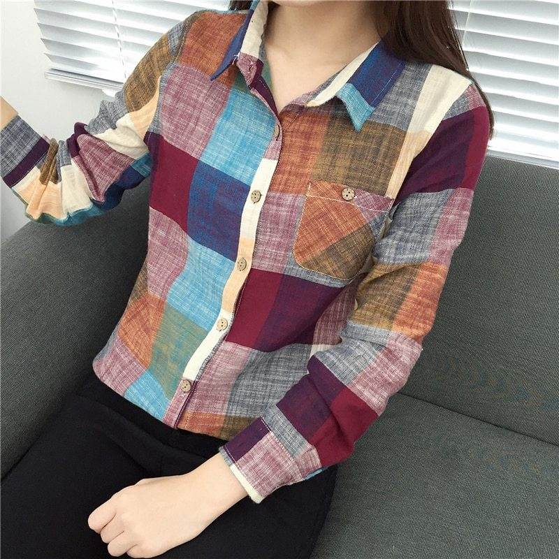 asual Plaid Women Blouses Kimono Vintage Linen Cotton Long Sleeve Blouse Female Shirts Tops - Mubimart