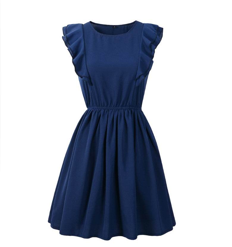 USA SIZE European and American leisure round neck ruffled sleeveless solid color mini dress women's clothing - Mubimart