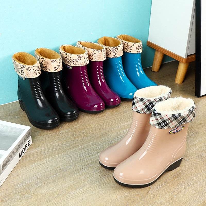 Work Wear Waterproof Fleece-lined Stylish Rain Boots Women - Mubimart
