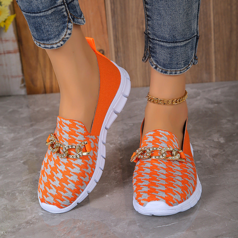 Lässige Houndstooth Print Kette Mesh Schuhe Sommer Walking Sport Flache Schuhe Frauen Atmungsaktive Slipper