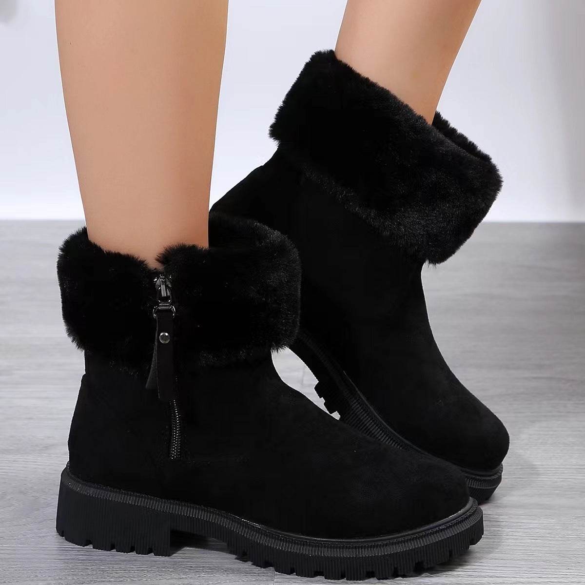 Warm Plush Boots Winter Fashion Side-Zipper Snow Boot For Women Outdoor Thickened Low-heelded Shoes - Mubimart