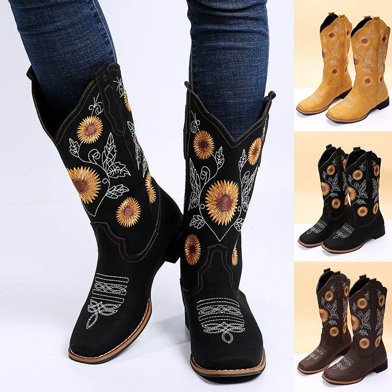 Cowboy Boots Women Sunflower Embroidery Shoes Low Heel Western Boot - Mubimart