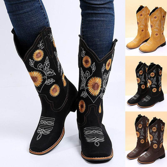 Cowboy Boots Women Sunflower Embroidery Shoes Low Heel Western Boot - Mubimart
