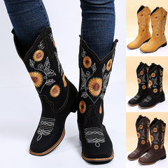 Cowboystiefel Damen, Sonnenblumen-Stickerei, Schuhe mit niedrigem Absatz, Westernstiefel