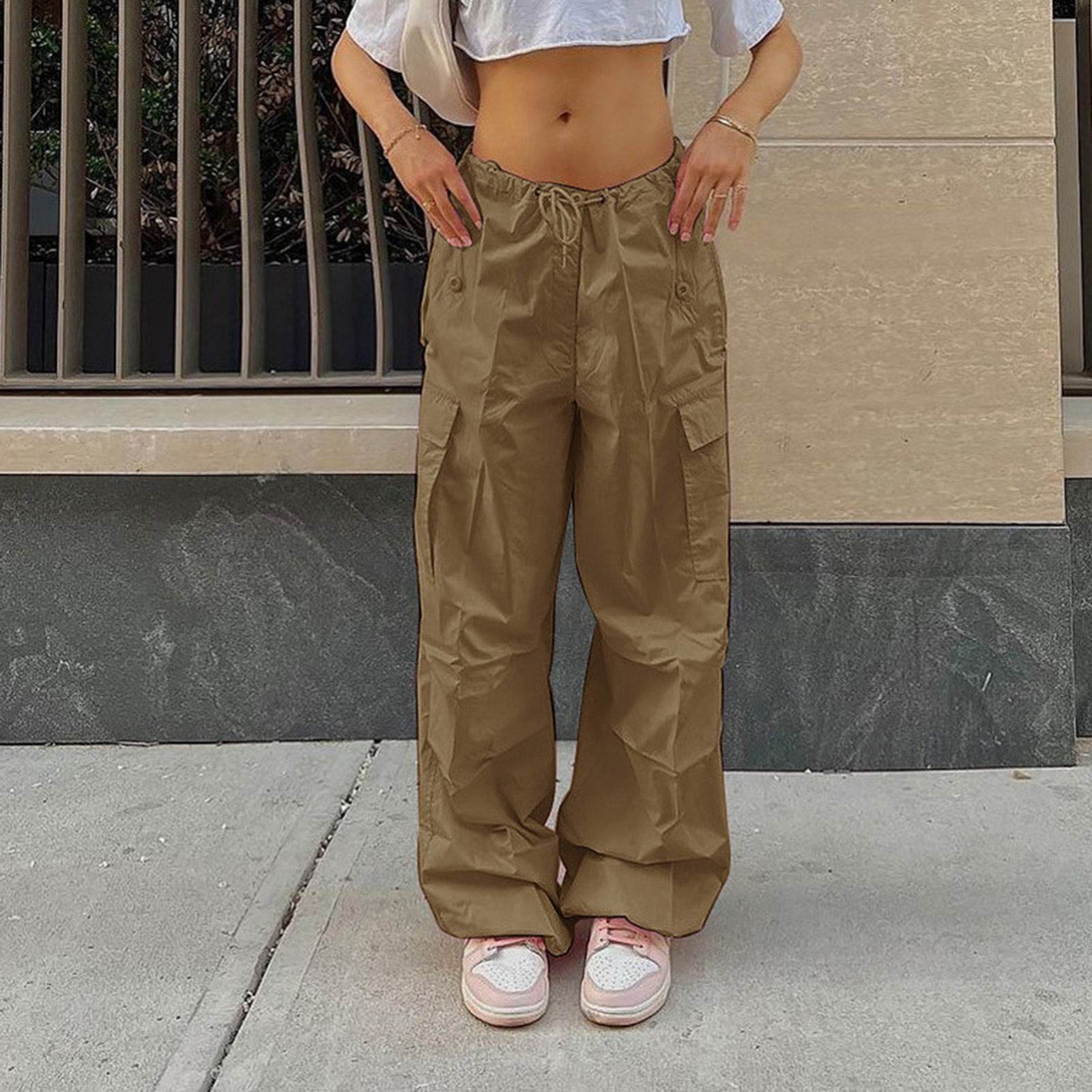 Casual Cargo Pants For Women Solid Color Drawstring Pocket Design Fashion Street Trousers Girls - Mubimart