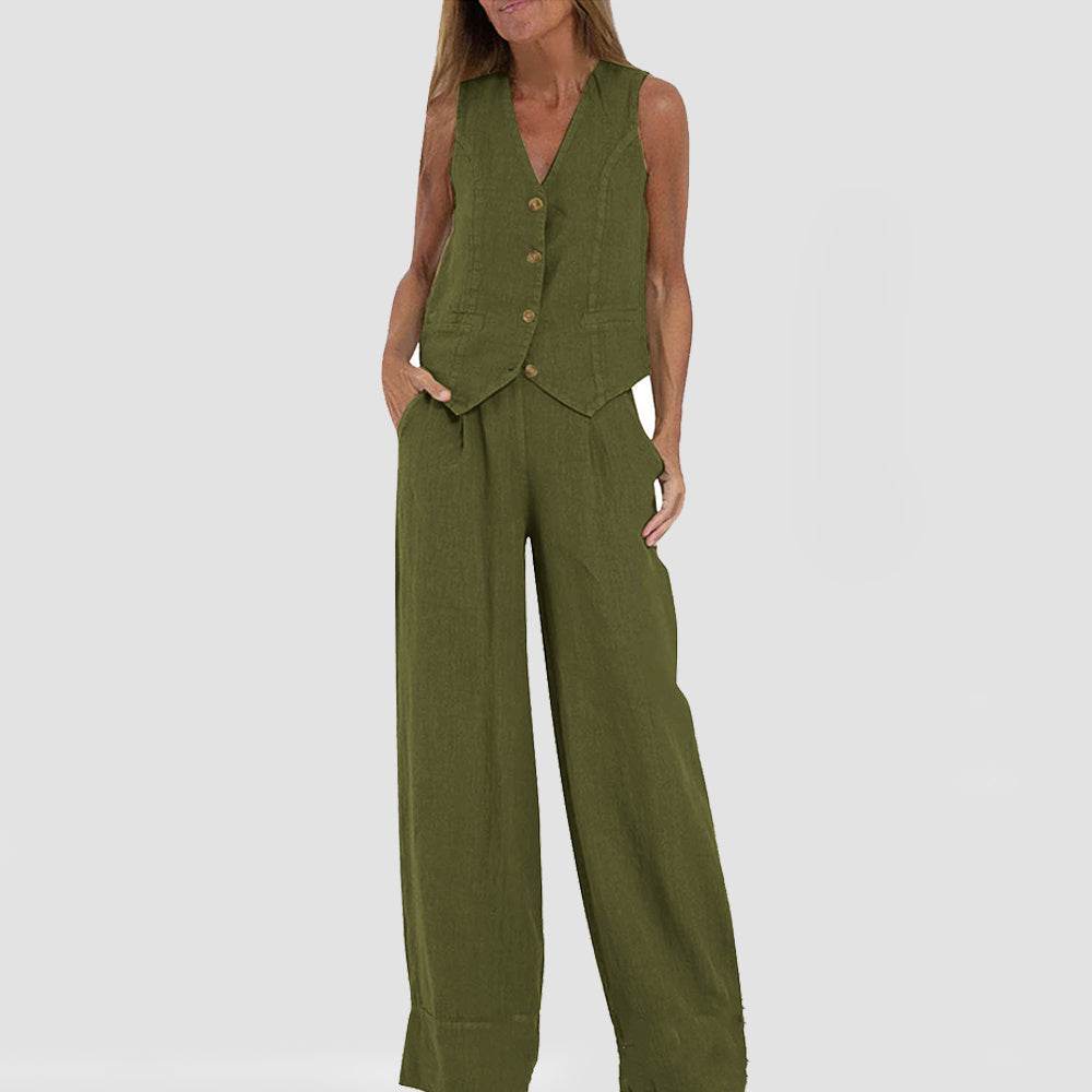 Summer Vest Suits V-neck Botton Sleeveless Top And Loose Straight Trousers Casual Womens Clothing - Mubimart