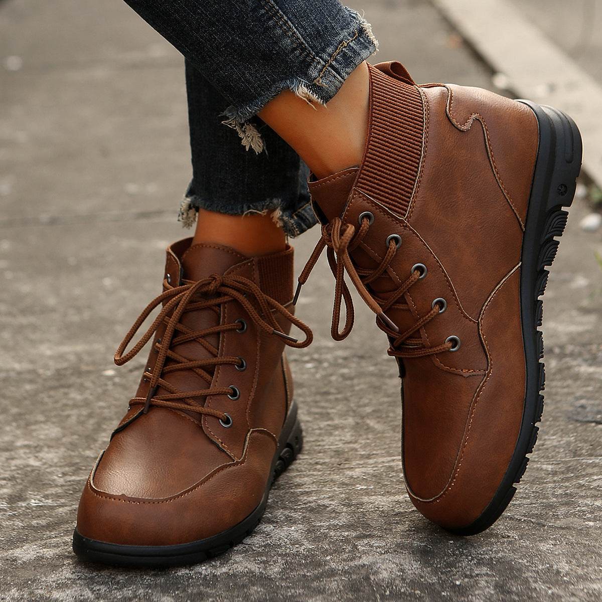 Round Toe Lace-up Ankle Boots Fall Winter Fashion Versatile Non-slip Flat Shoes Retro Western Cowboy Ankle Boot For Women - Mubimart