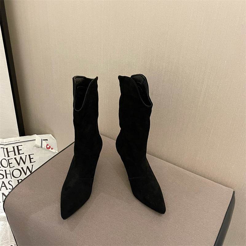 Pointed-toe Retro Western Cowboy Boot Slimming Suede Mid Boots - Mubimart