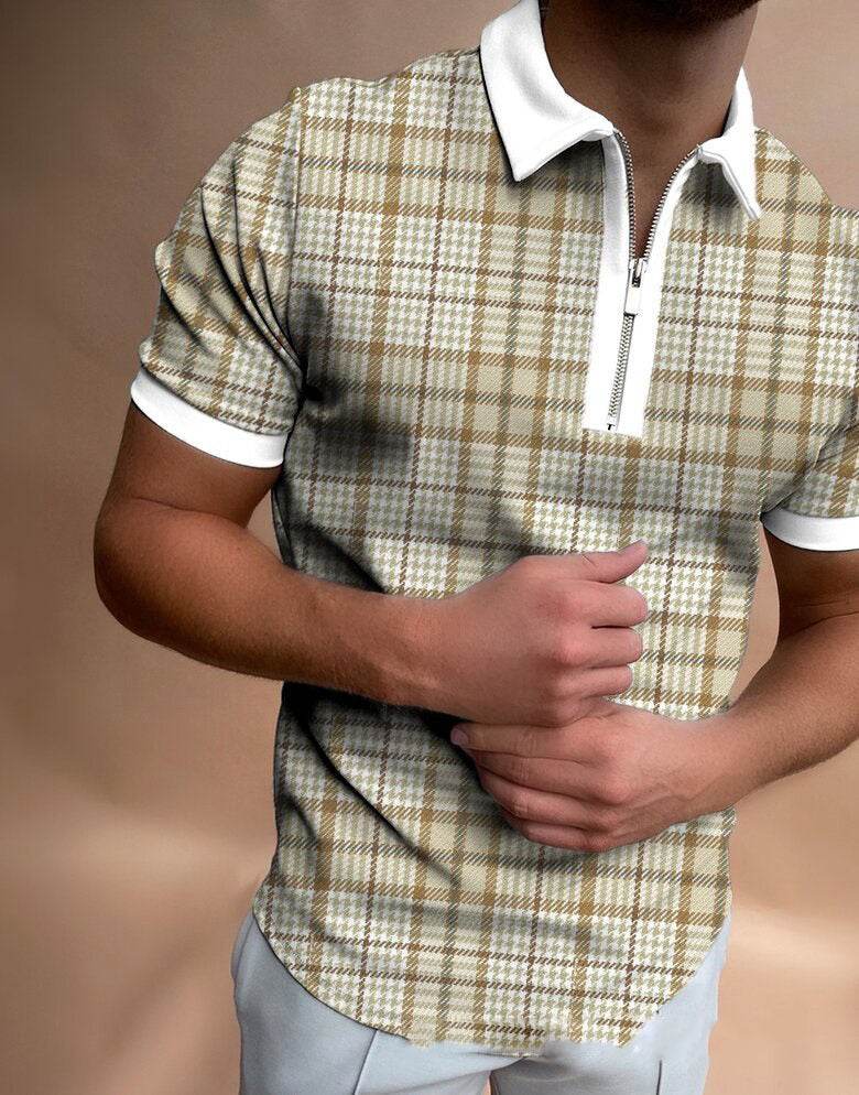 POLO Polo Shirt Zipper Check Men's T-shirt - Mubimart