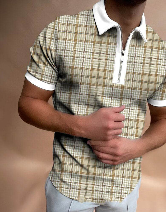 POLO Polo Shirt Zipper Check Men's T-shirt - Mubimart