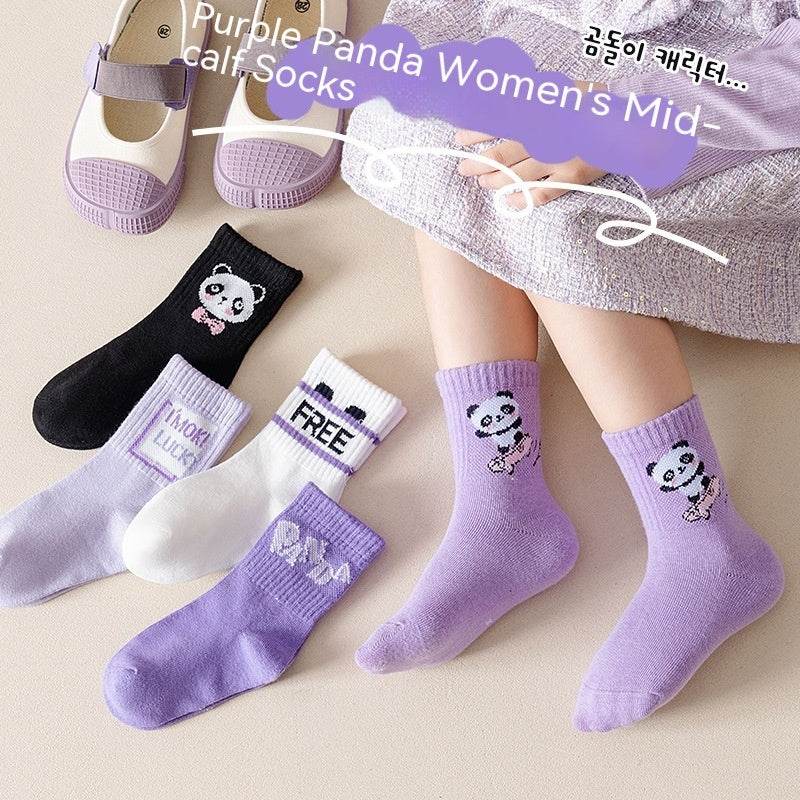 Autumn And Winter Purple Panda Cartoon Mid Tube Cotton Boys And Girls Athletic Socks - Mubimart