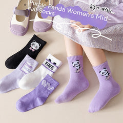 Autumn And Winter Purple Panda Cartoon Mid Tube Cotton Boys And Girls Athletic Socks - Mubimart -  