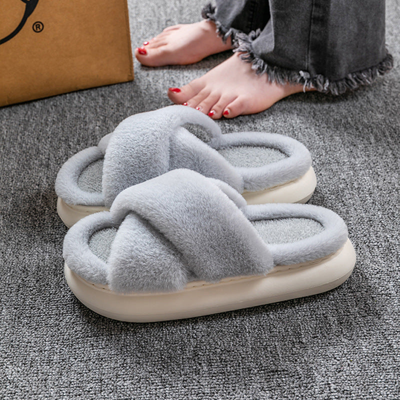 Women's Platform Fuzzy Home Slippers Winter Open Toe Criss-cross Solid Color Casual Floor Slides Indoor Flat Comfy House Shoes - Mubimart -  