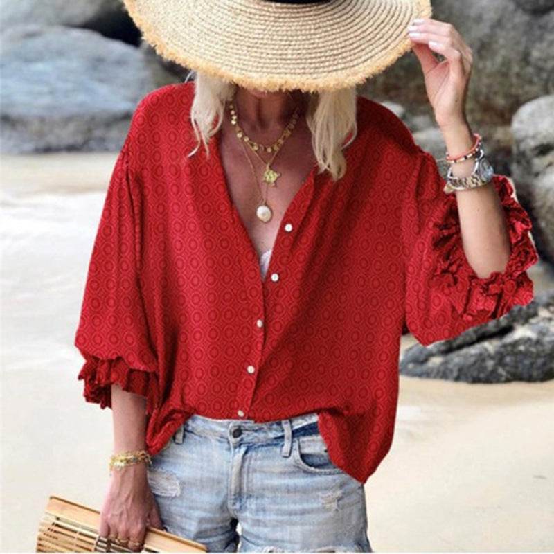 Small dot casual button down blouse for women - Mubimart