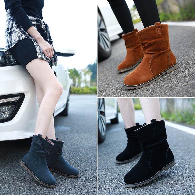 Lady's Mid-calf Boots Round Toe Wrinkled Boots Big Code - Mubimart