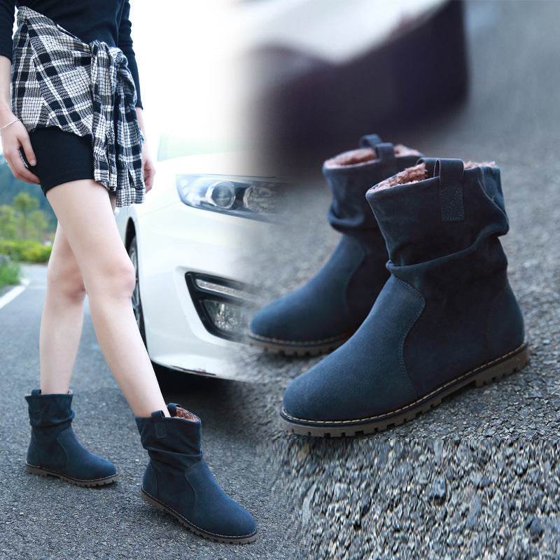 Lady's Mid-calf Boots Round Toe Wrinkled Boots Big Code - Mubimart