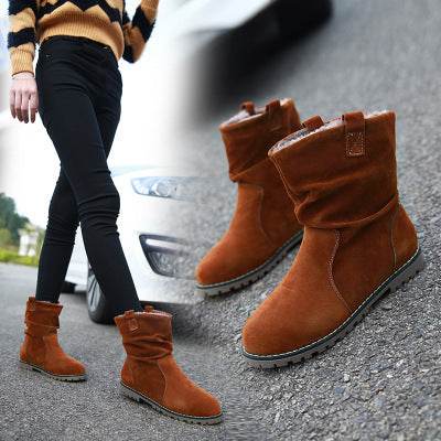 Lady's Mid-calf Boots Round Toe Wrinkled Boots Big Code - Mubimart