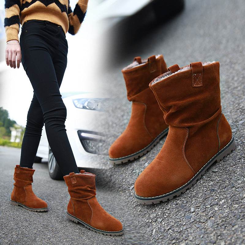 Lady's Mid-calf Boots Round Toe Wrinkled Boots Big Code - Mubimart