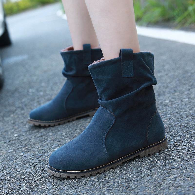 Lady's Mid-calf Boots Round Toe Wrinkled Boots Big Code - Mubimart