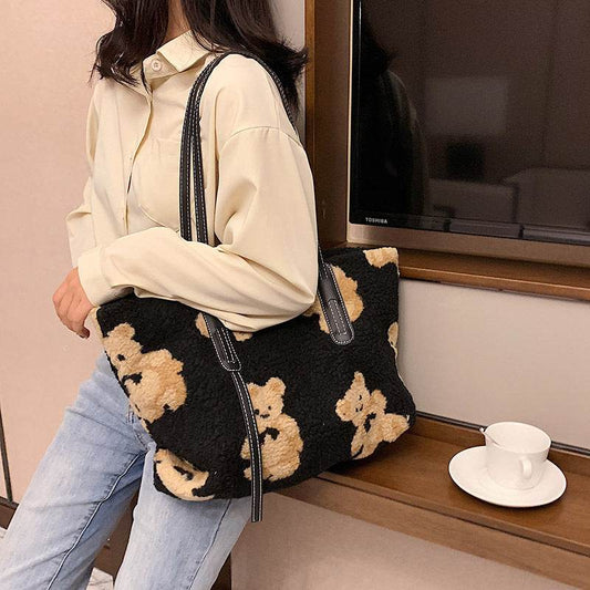 Women Cute Bear Plush Shoulder Bag Large Tote Handbag Purse - Mubimart
