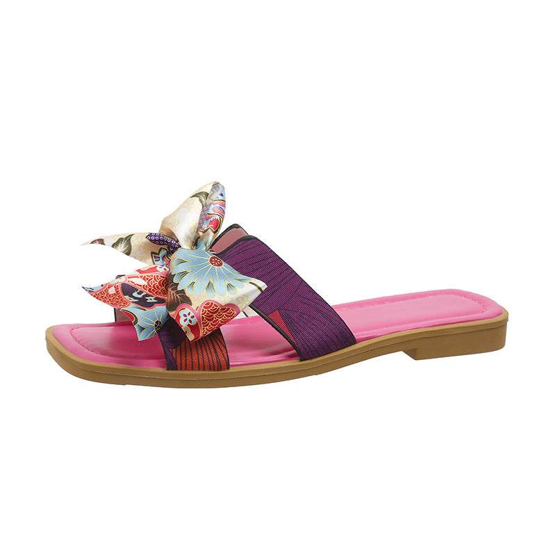 Ribbon Bow Sandals Summer New Square Toe Low Heel Sandal For Women Slides Fashion Casual Beach Shoes - Mubimart