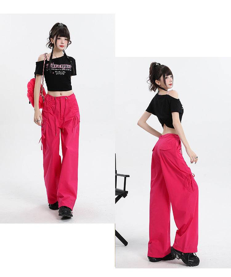 Straight Cargo Pants Women Bow Drawstring Wide Leg Track Pants - Mubimart