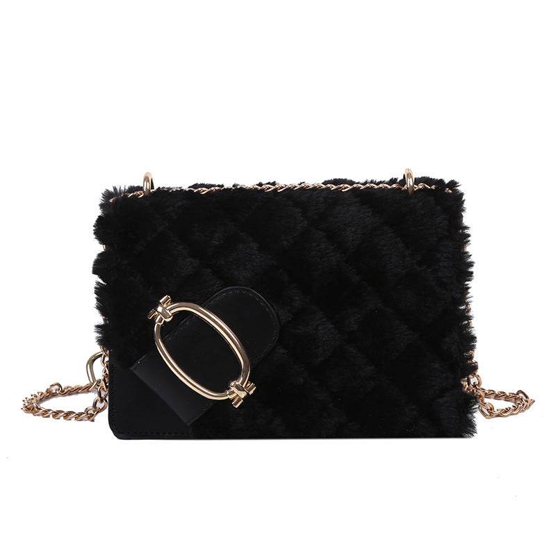 Soft Plush Ladies Square Messenger Bag Winter Female Bag Lady Designer Handbag Chain Shoulder Messenger Bag - Mubimart