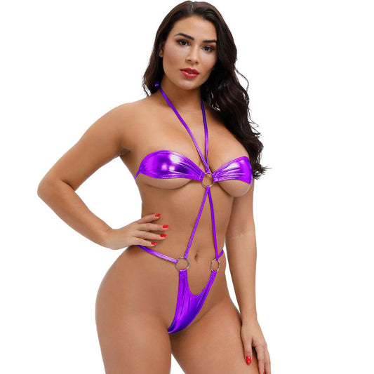 Seaside Imitation Leather Three-Point Bikini Bra T-Shirt Tie Suit Size Women - Mubimart