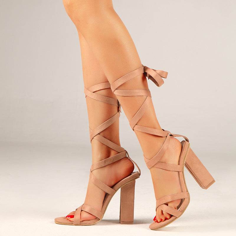 Strappy round toe chunky high heel sandals - Mubimart