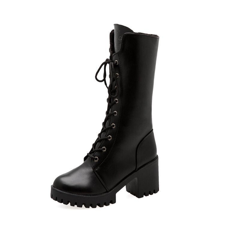 Thick Bottom Increased By Lace-up Booties All-match Middle Tube Motorcycle Boots