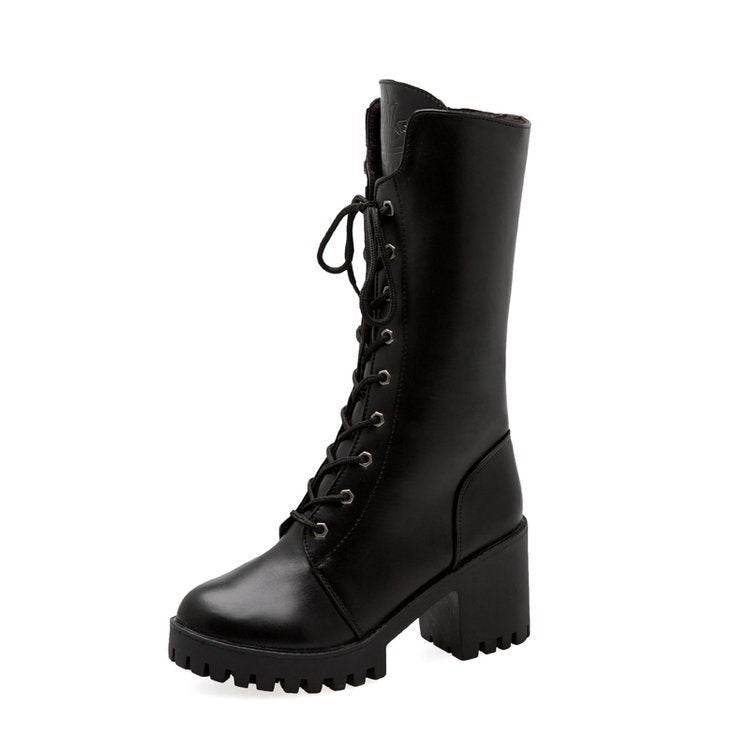 Thick Bottom Increased By Lace-up Booties All-match Middle Tube Motorcycle Boots - Mubimart