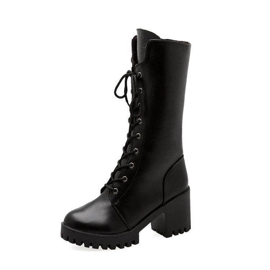 Thick Bottom Increased By Lace-up Booties All-match Middle Tube Motorcycle Boots - Mubimart