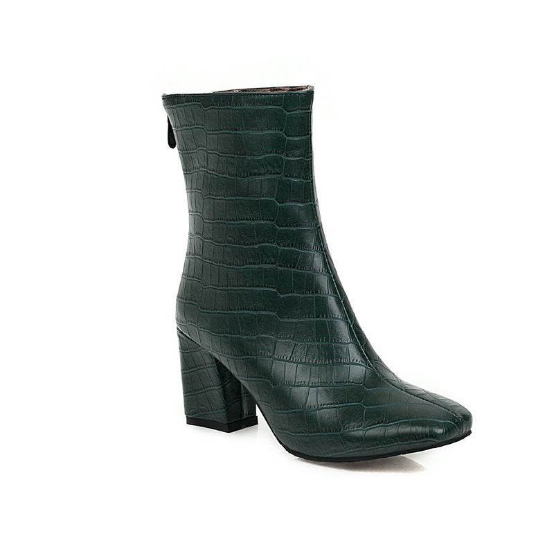 Stone Pattern Stretch Boots Square Toe Boots - Mubimart