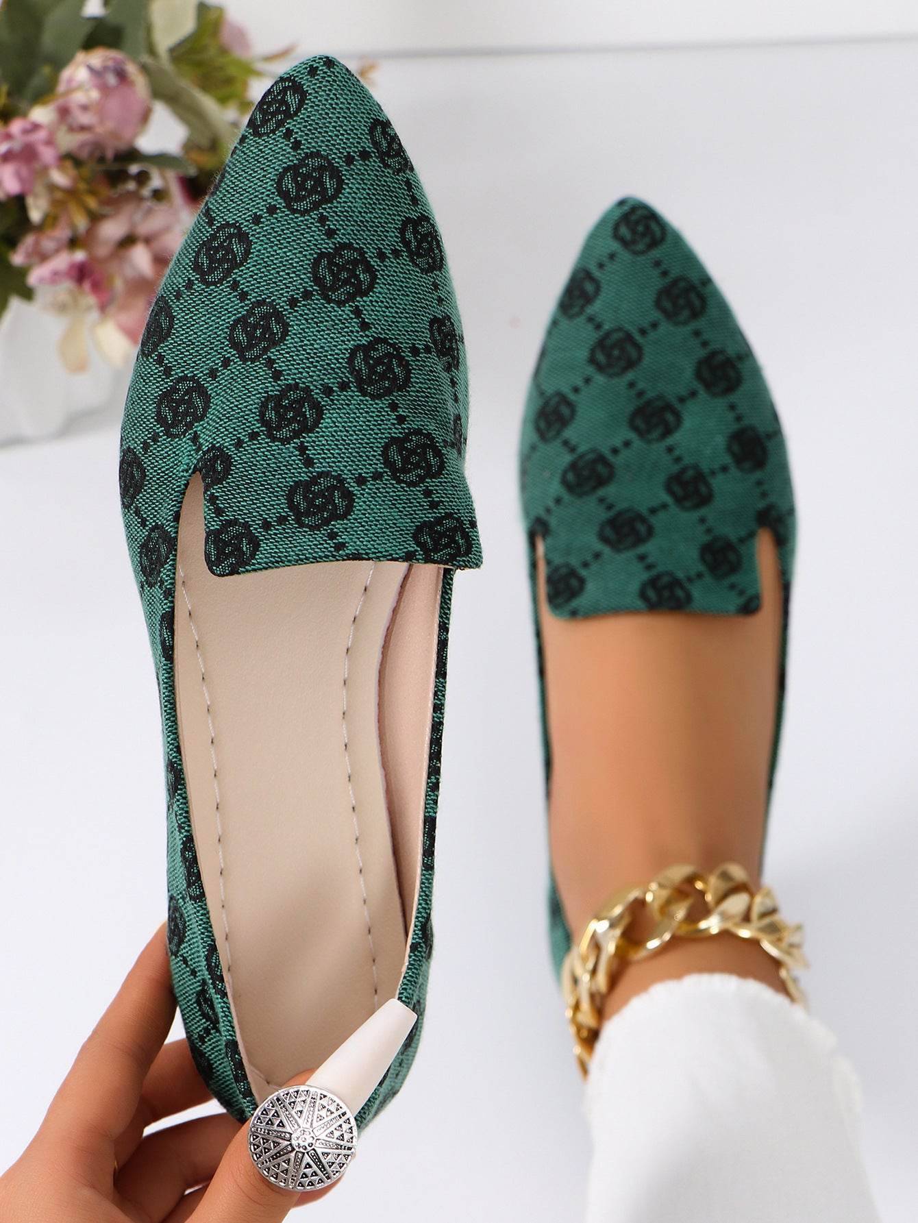 Rose Print Flats Shoes Fashion Casual Pointed Toe Canvas Loafers Lazy Shoes For Women - Mubimart