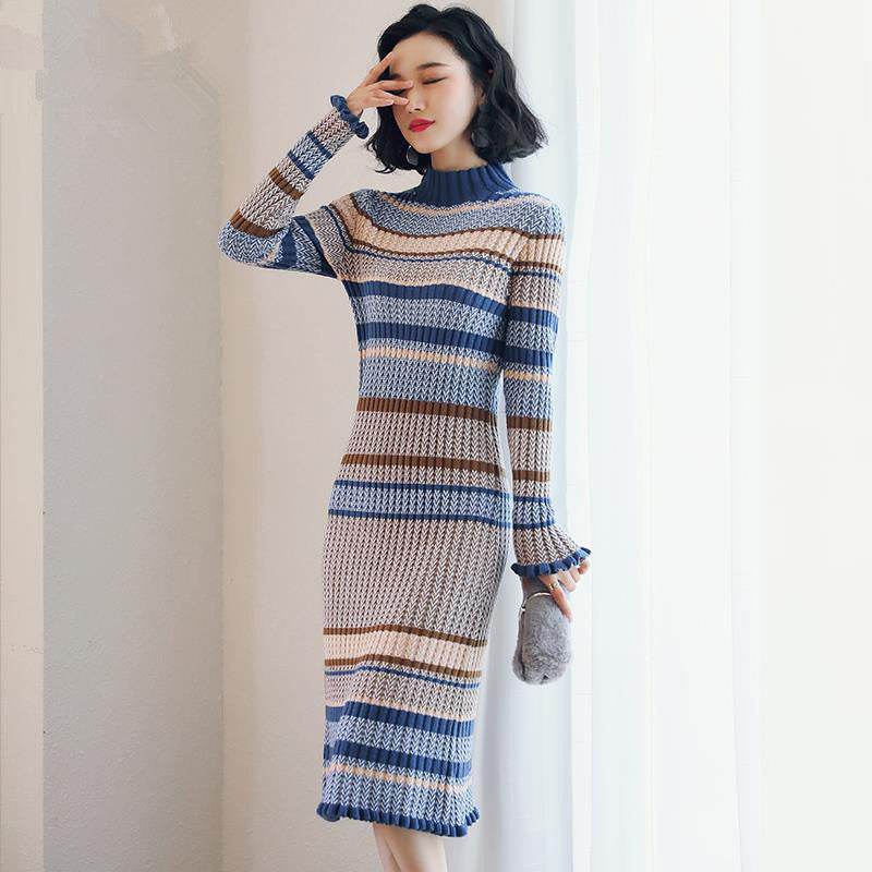 Knit Turtleneck Dress - Mubimart
