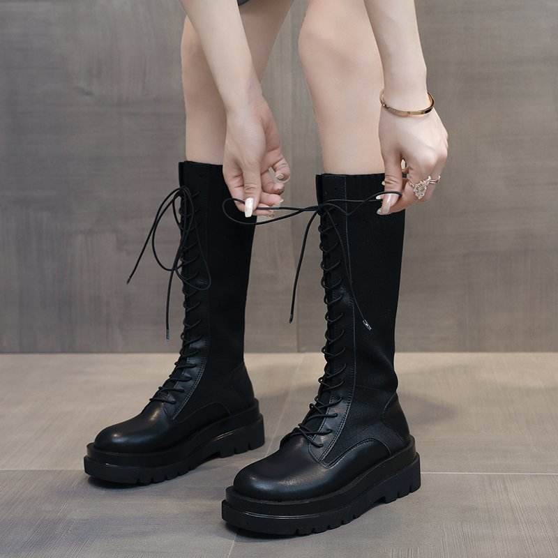 Women Boots Lace Up Mid Calf Boots High Platform Lace Up - Mubimart