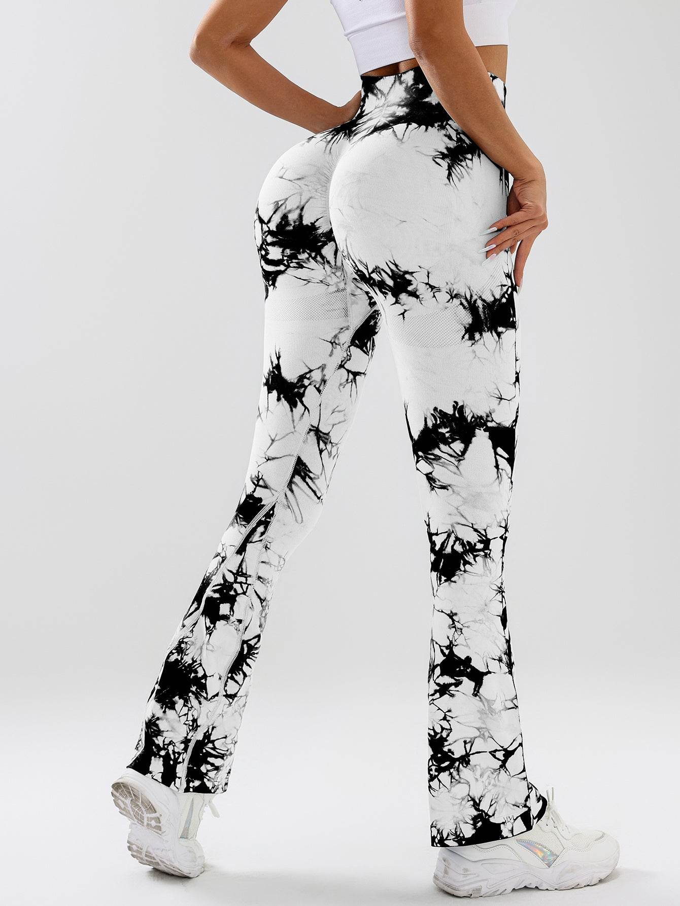 High-Waist Tummy Control Flare Yoga Pants For Women, Tie-Dye Stretch Slimming Bootcut Workout Pants, Fitness & Sports Activewear - Mubimart