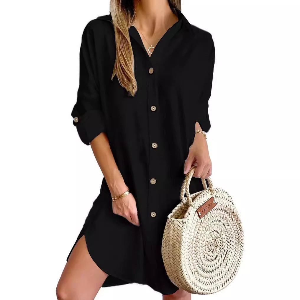 Autumn Leisure Long Sleeve Lapel Button Shirt Dress Womens Clothing - Mubimart -  