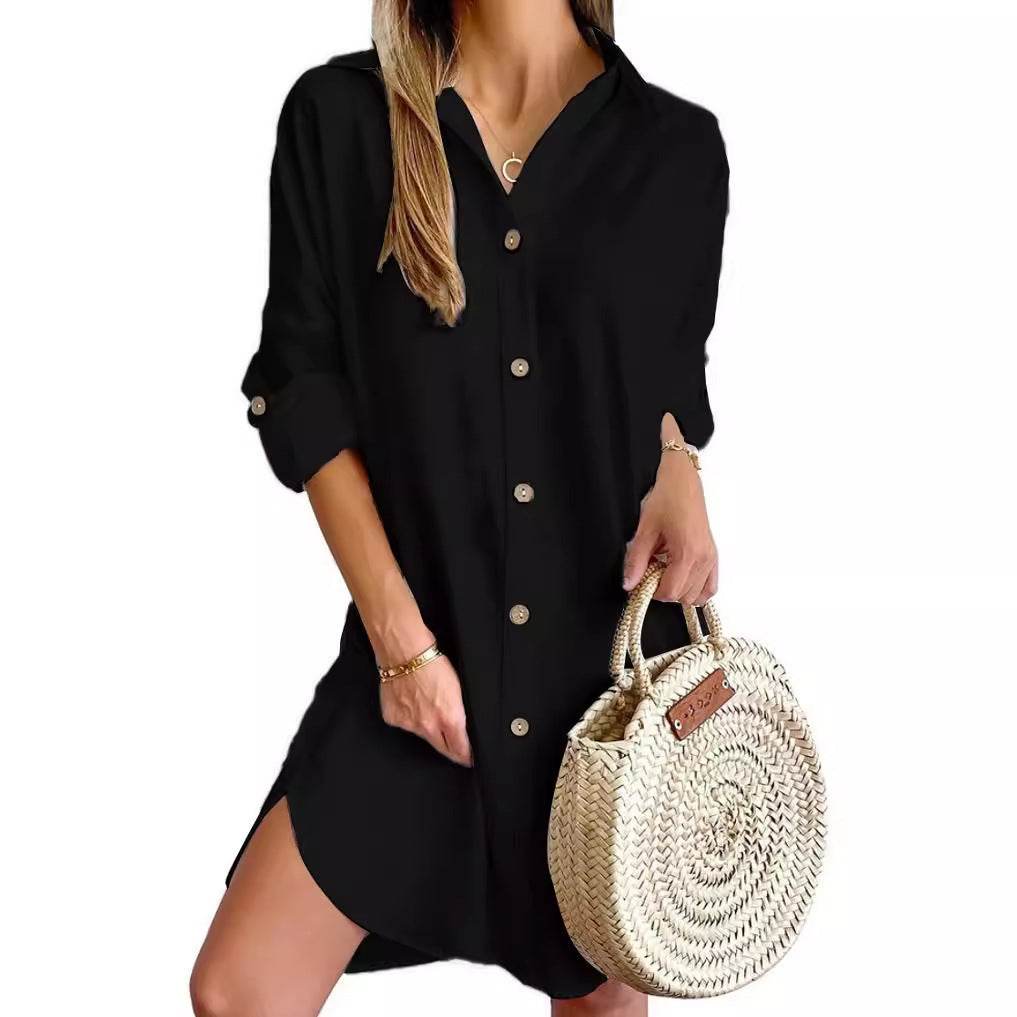 Autumn Leisure Long Sleeve Lapel Button Shirt Dress Womens Clothing - Mubimart