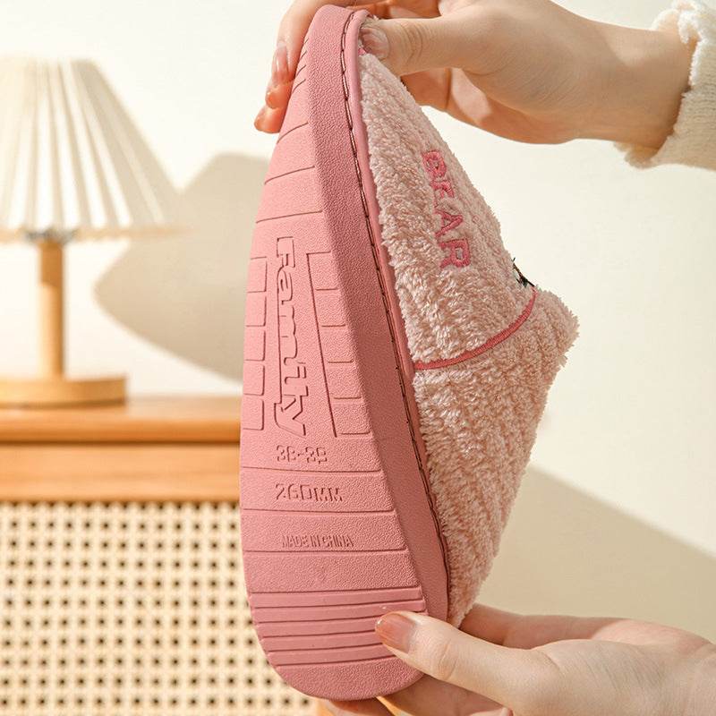 Women's Bear Fuzzy Slippers Casual Non Slip Household Walking Shoes For Home Winter - Mubimart